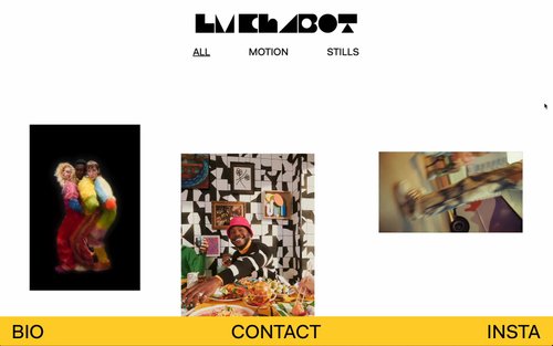 LM Chabot portfolio grid with colorful fashion, portrait, and performance imagery above a yellow navigation bar