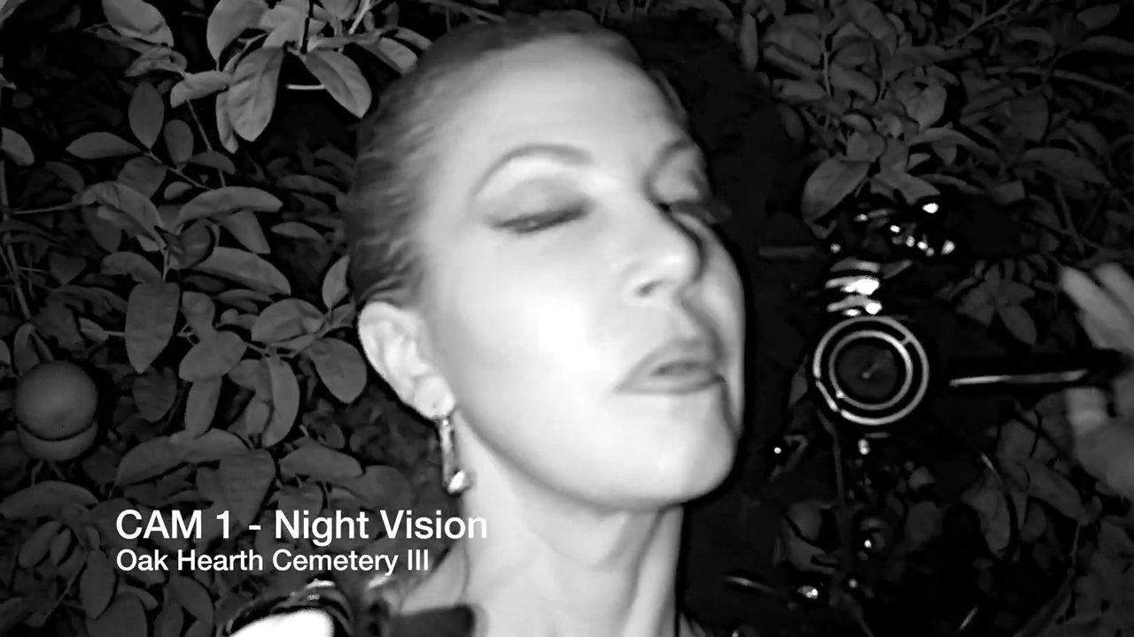 A researcher conducts a nighttime investigation in a cemetery using infrared camera equipment to record the surroundings.