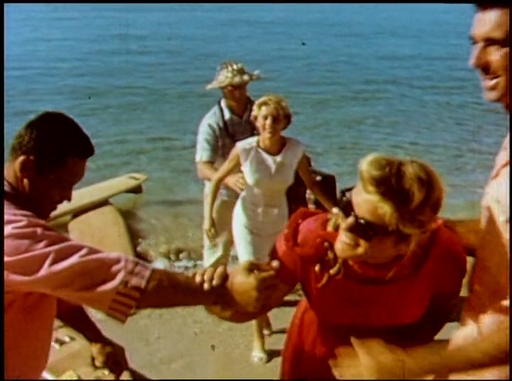A group of travelers arrives by campervan at a tropical beach and greets friends for a coastal outing. The scene captures a lighthearted moment of social interaction and leisure in a scenic seaside setting.