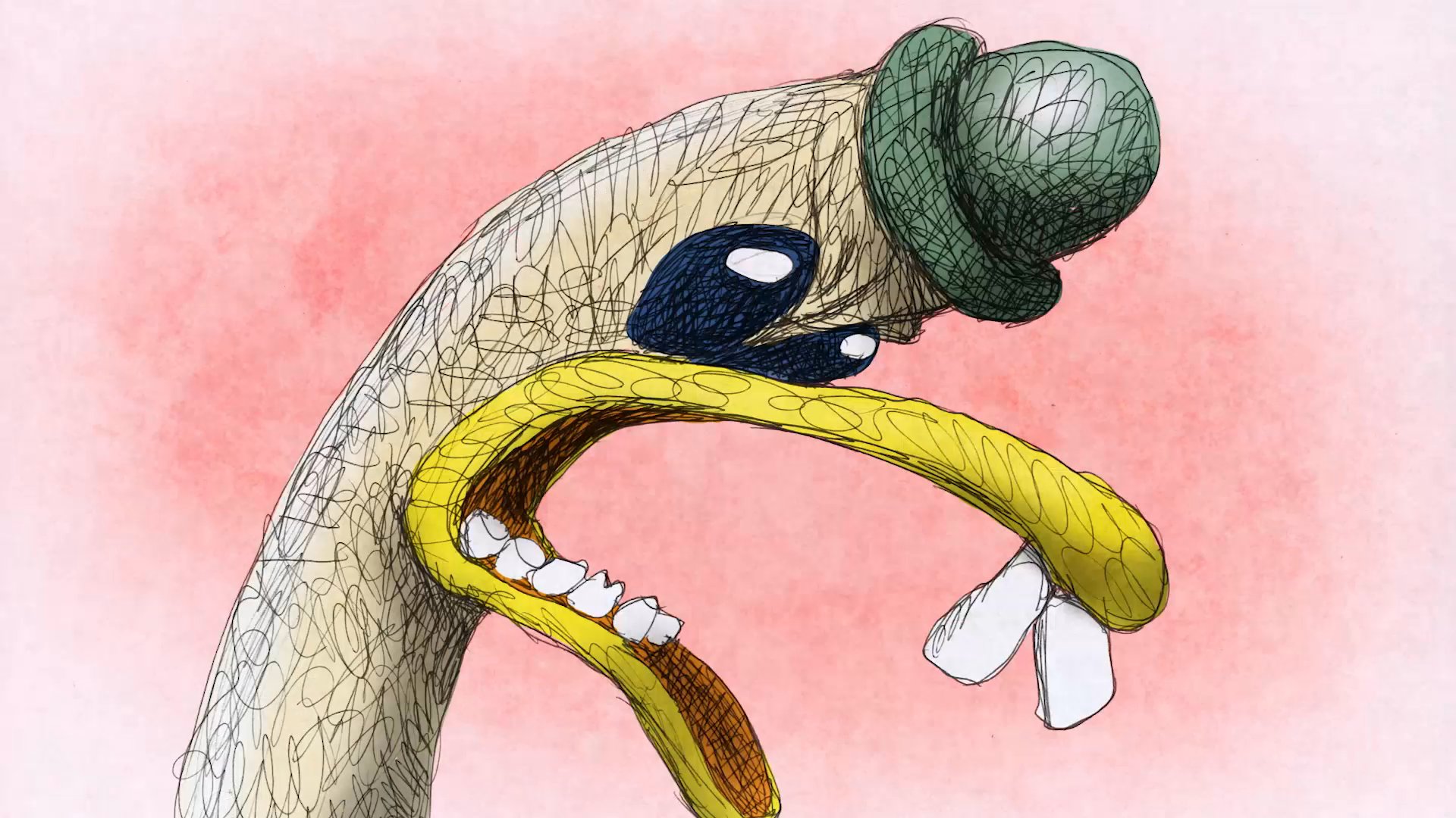 An anthropomorphic goose undergoes emotional and physical shifts, transitioning through various color palettes and expressions before joining a group walking through a forested landscape.