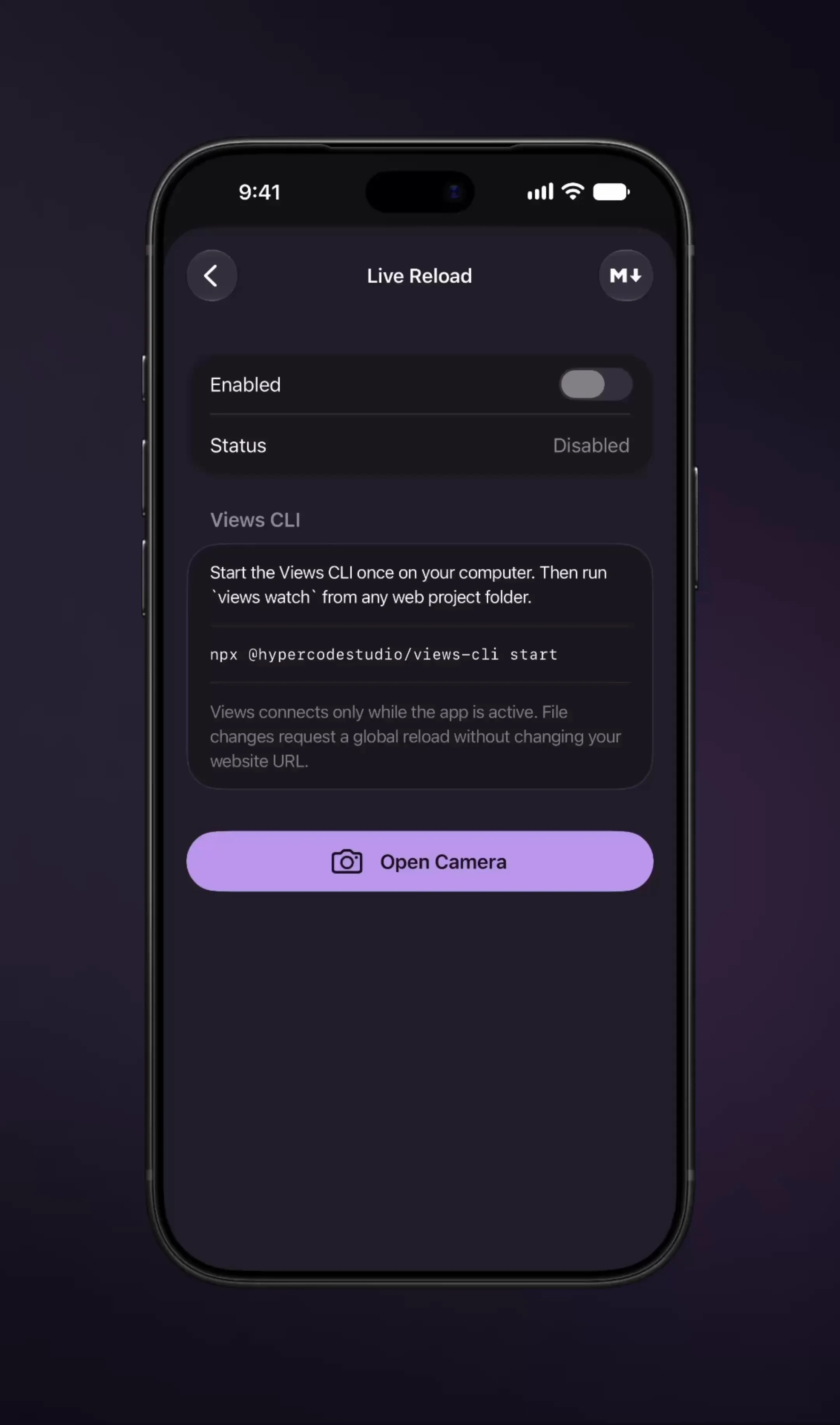 Connecting Views to the Views CLI to control the app and use Live Reload. | Hypercode, Digital Product Studio, Cologne
