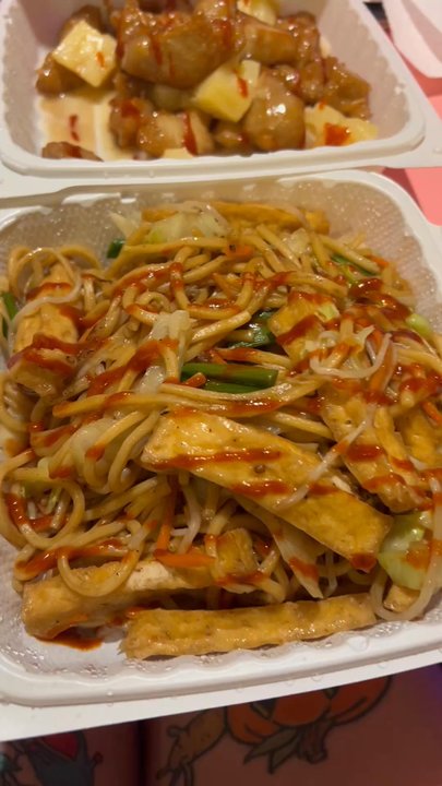 Tasty Inn Express - tofu chow mein, honey mock chicken, Mongolian mock beef, and white rice. - Chinese Near Me - La Mesa, California