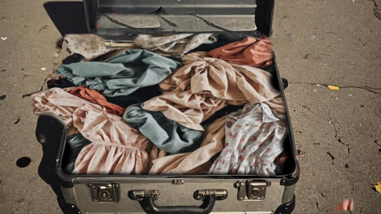 An officer escorts a detained individual through a city street at night, followed by the discovery of a suitcase filled with clothing and handwritten journals.