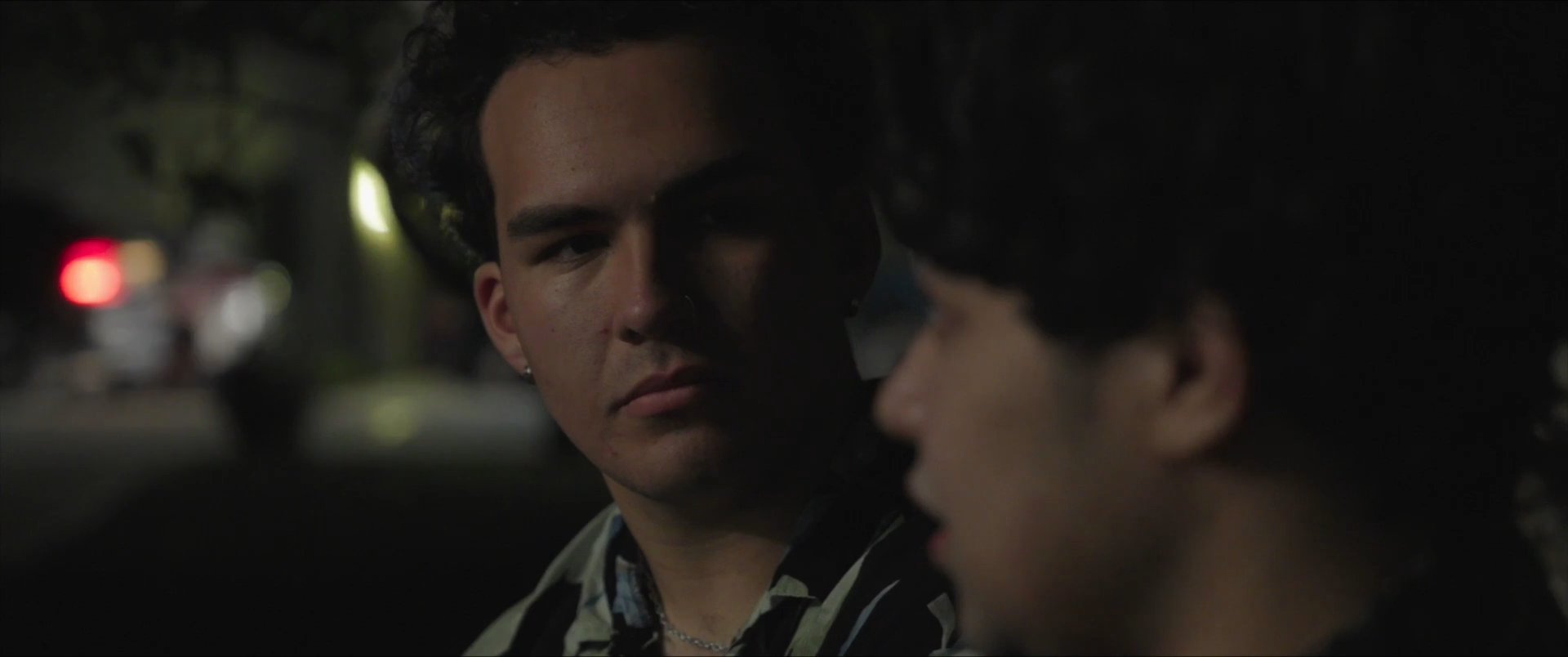 Two young men engage in a series of intimate conversations, transitioning from a domestic kitchen setting to an evening outdoor environment. The interaction focuses on emotional connection and detailed interpersonal communication.
