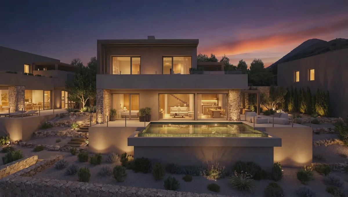 An Airen Collection villa animated at dusk, living space and kitchen open onto a reflecting pool