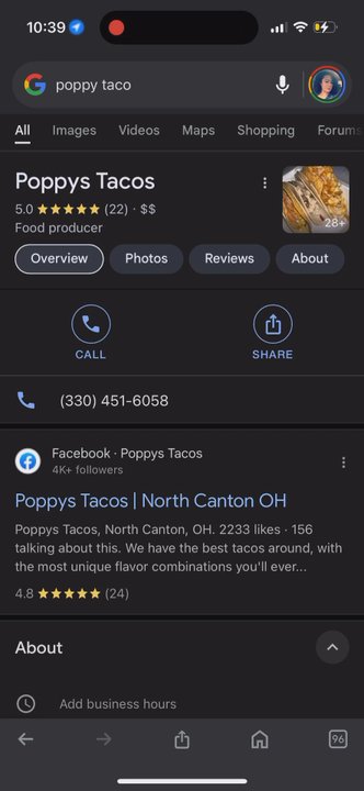 Poppys tacos - Screenshot showing me click on their FB page and it predicts me to that page because they blocked me. - Food Trucks Near Me - Canton, Ohio