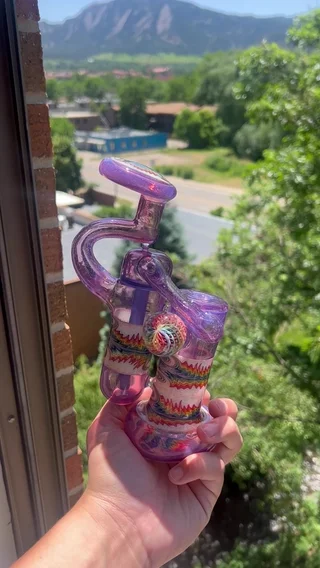 Preview pic of Marty b Psychedelic Purple & Rainbow Fumed Glass Recycler  - Handblown Functional A