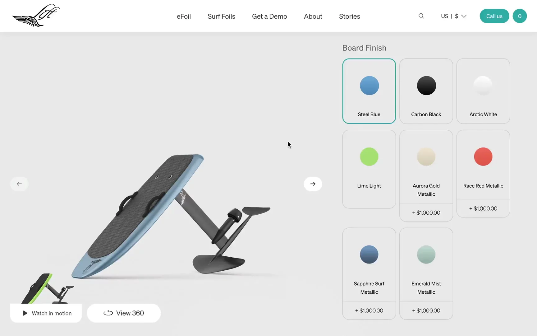 Lift Foils board finish colour selection in product configurator