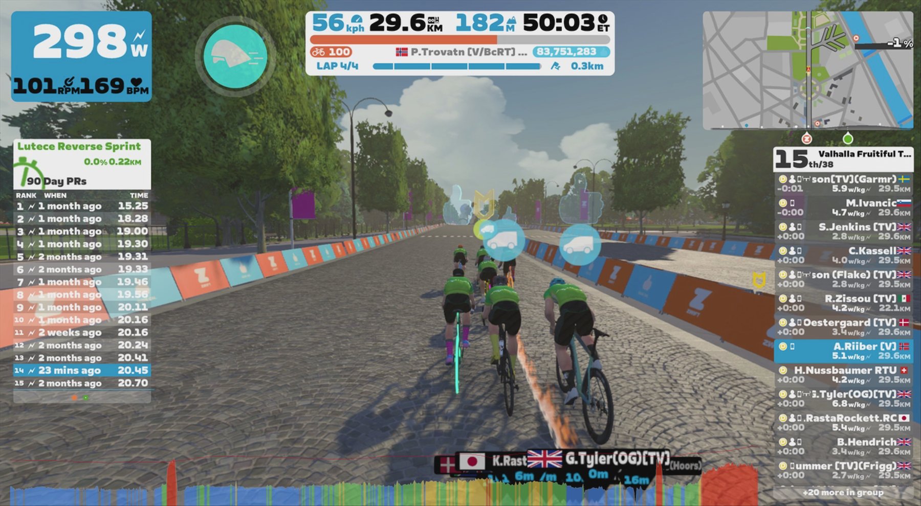 Zwift - Group Ride: Valhalla Fruitiful Team Chase (D) on Lutece Express in Paris - great lead & sweep by Flake & MattW - and nice afterparty ending w/Carsten bro & Vince