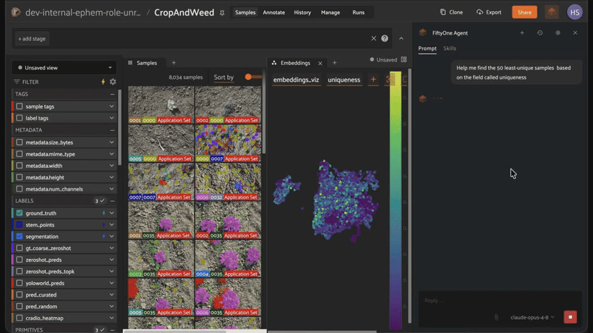 The FiftyOne Agent surfacing the 50 least-unique CropAndWeed samples with compute_uniqueness, shown on an embeddings plot colored by uniqueness score.