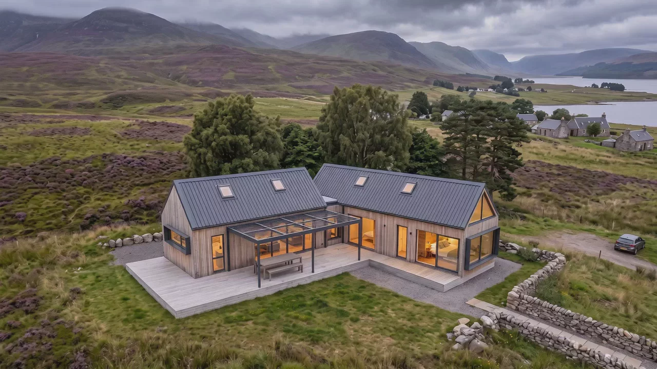 An aerial camera move descending from a wide highland landscape down to the twin-gabled timber cabin