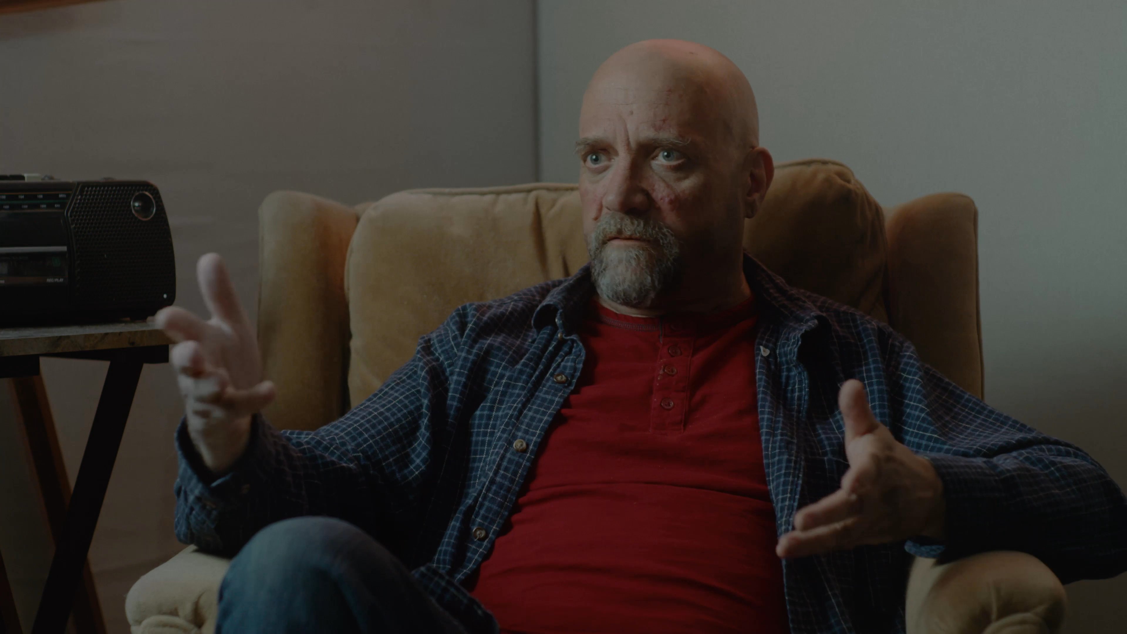 Two men engage in a relaxed conversation while seated in a home living room setting. The exchange involves expressive gestures as they communicate with one another.