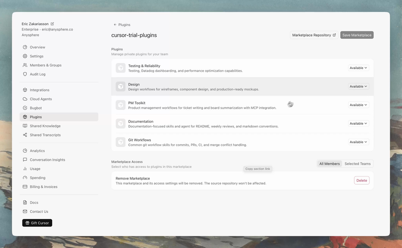 Cursor Team Marketplace showing custom plugin categories for Testing, Design, PM Toolkit, and Git Workflows