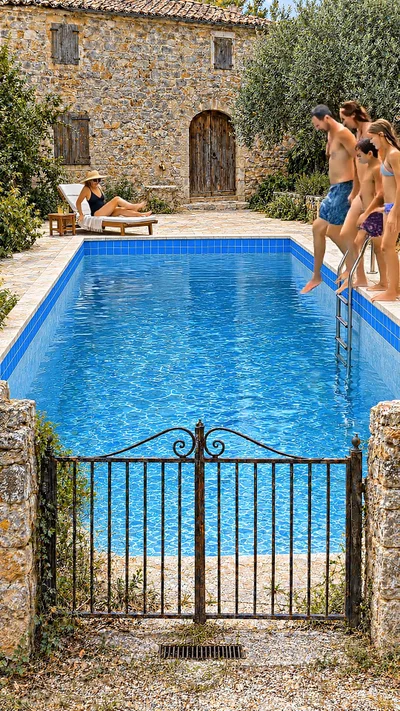 AI-generated video: An abandoned farmhouse pool drained, repaired and refilled