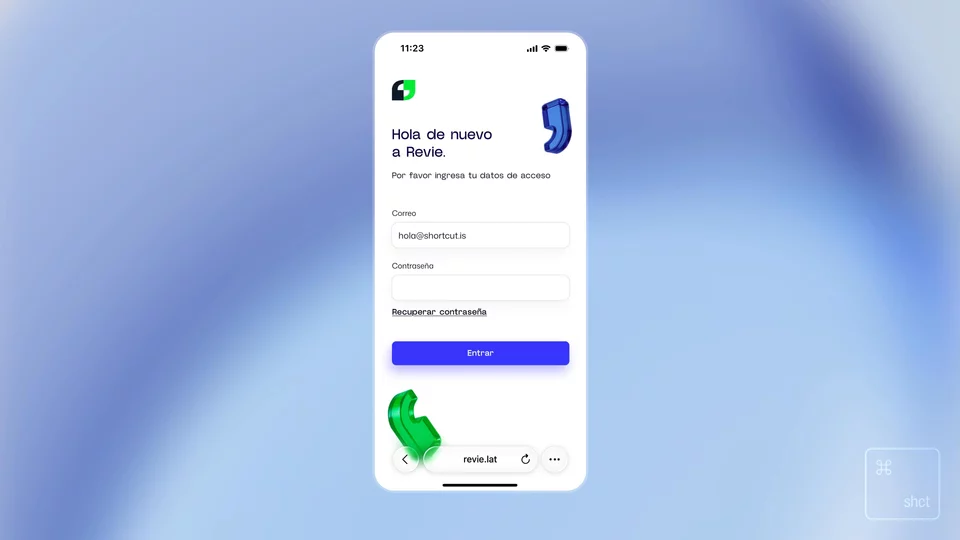 Mobile login screen animation with 3D quotation marks and clean input fields on a gradient backdrop.