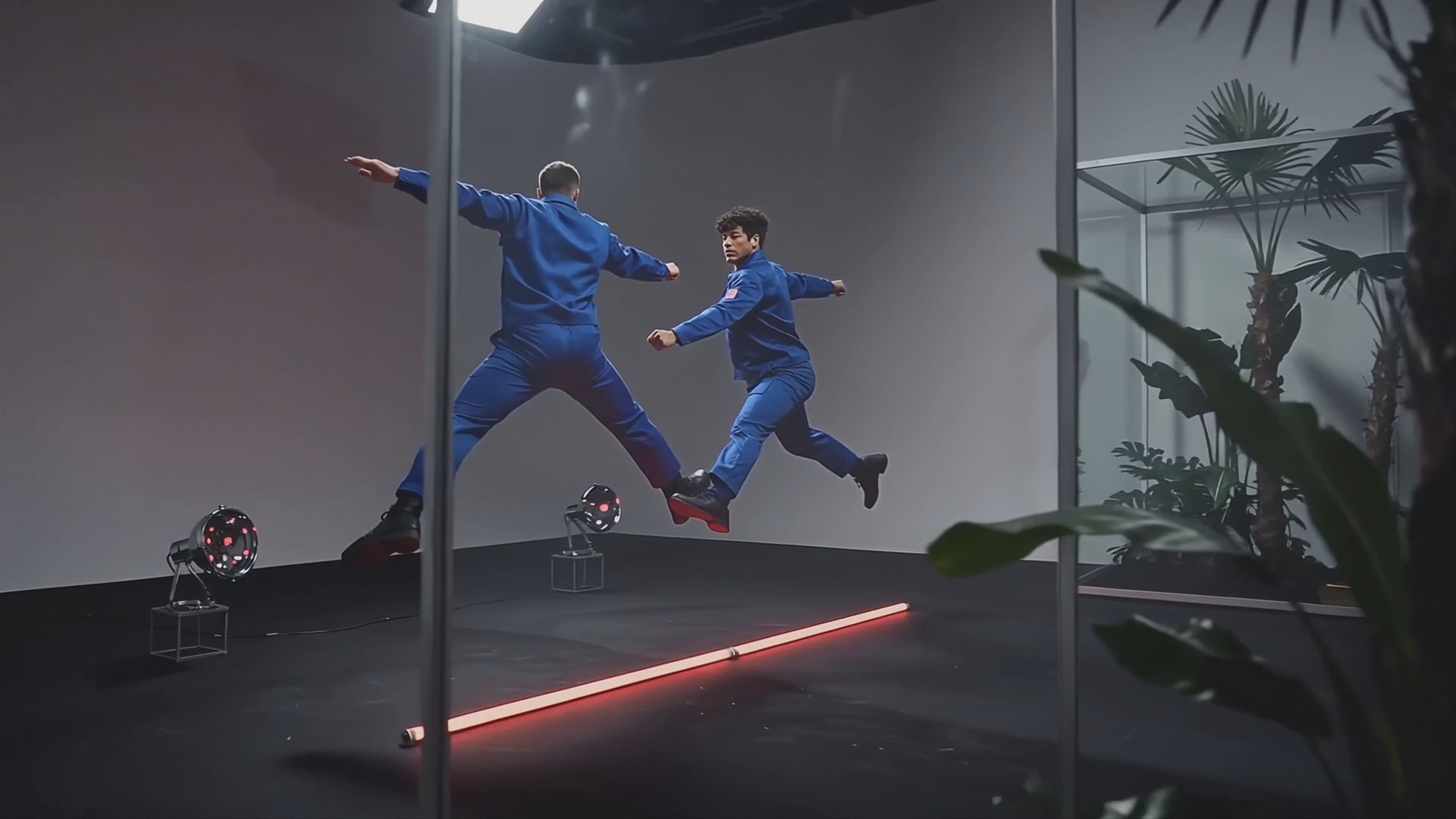 Two dancers in royal blue jumpsuits hang frozen mid-leap as the camera circles them in a dark studio.