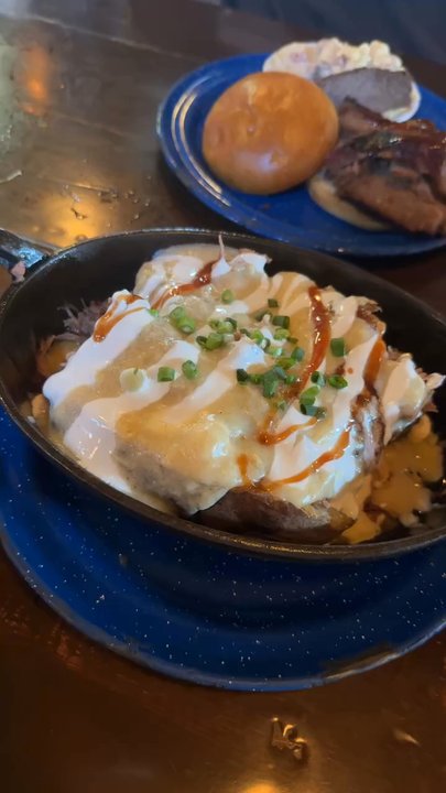 The Desoto Grill - Pulled Pork Stuffed Potato & Brisket Sandwich with Smokey Bacon Mac & Cheese - Barbeque Near Me - Kalispell, Montana