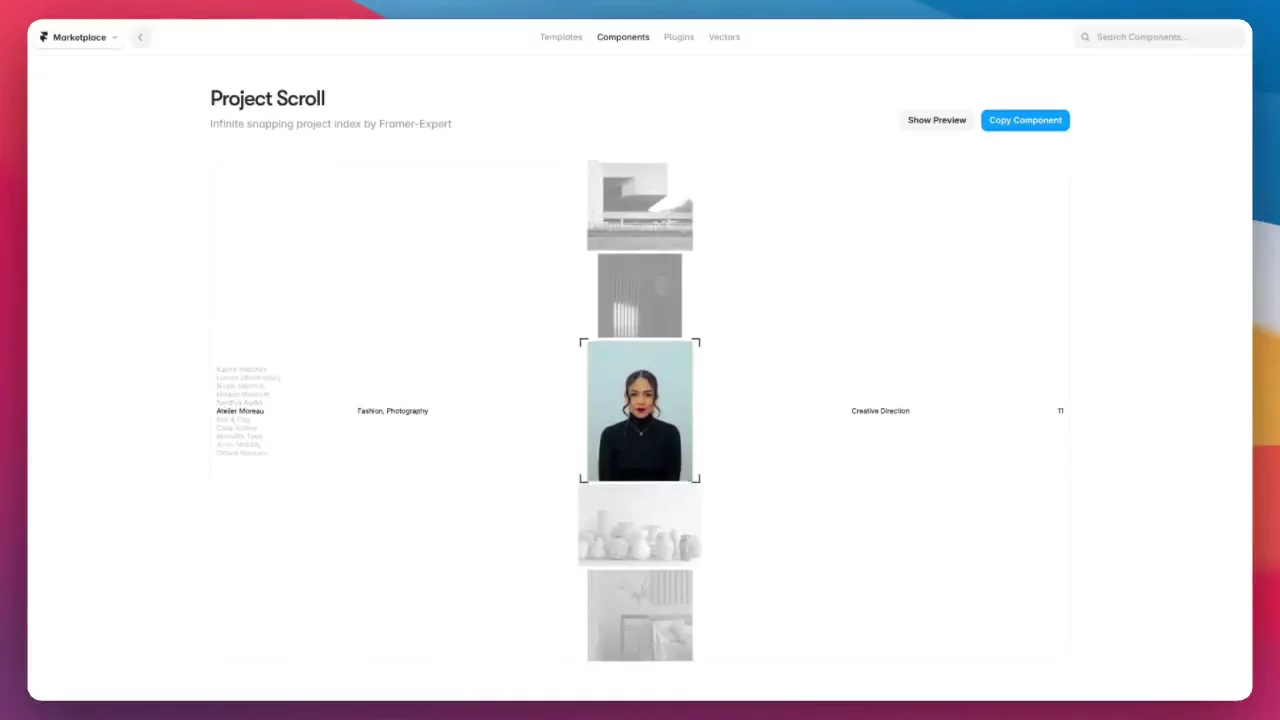 Project Scroll is live on the Marketplace, and it's free.It turns a list of projects into a full-screen index. Scroll, drag or use the arrow keys, and the nearest project snaps to the centre in full colour while the rest fade to grayscale.It loops in both directions, works on tablet and phone, and everything is editable through property controls.