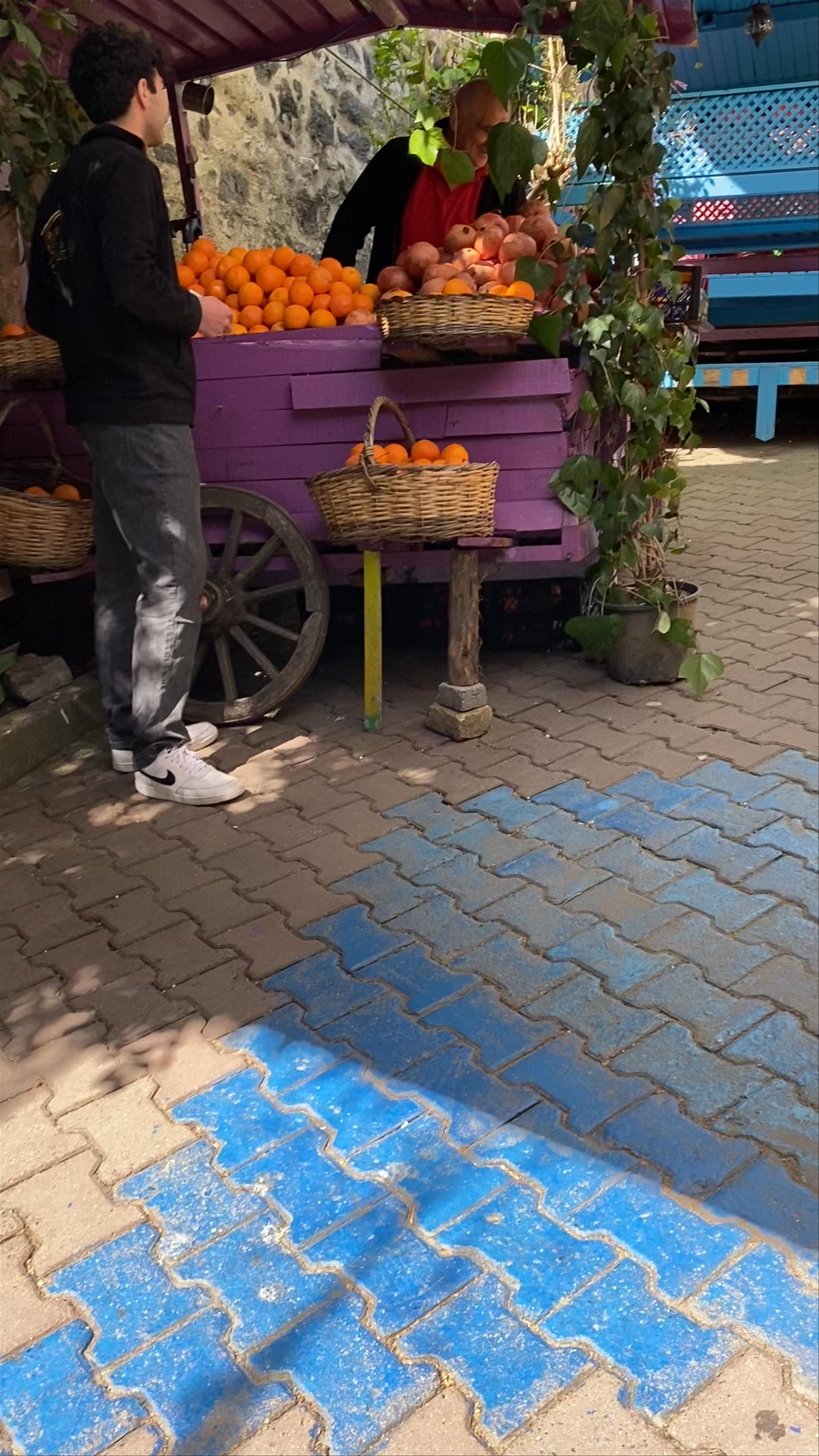 Balat Colorful Umbrella Street and Local Market Scene in Istanbul