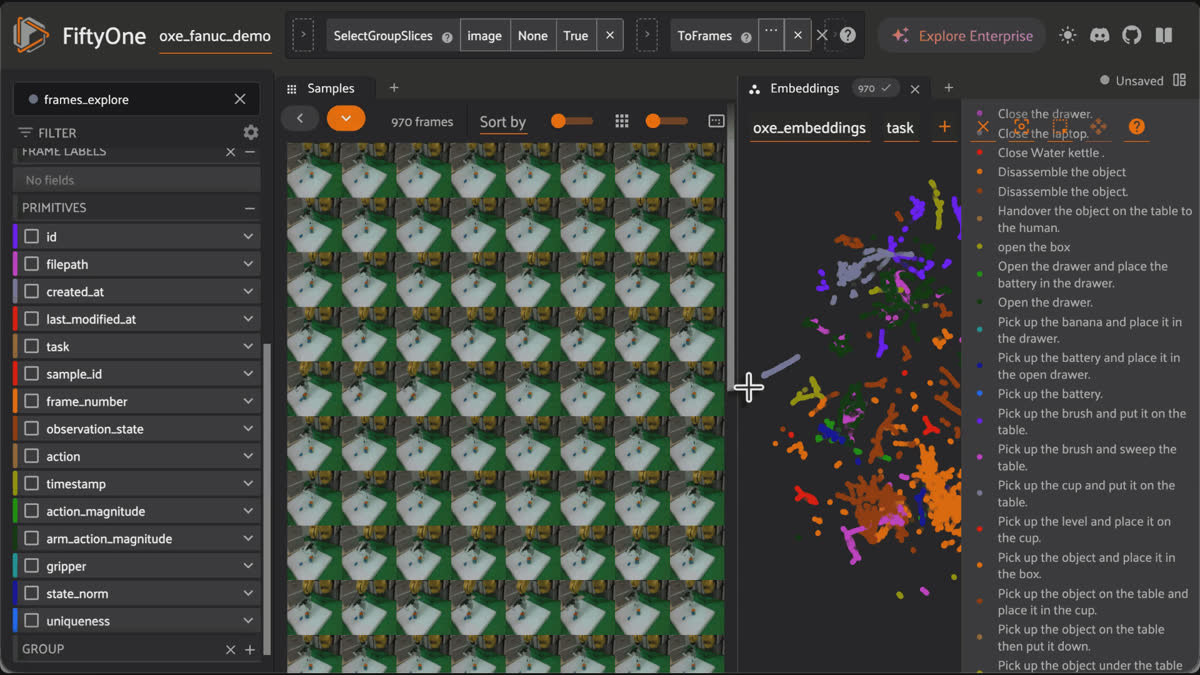 UMAP projection of CLIP embeddings in the FiftyOne Brain, with Open X-Embodiment frames forming colored clusters and a legend of natural-language tasks including "Close the drawer" and "Pick up the banana and place it in the drawer."