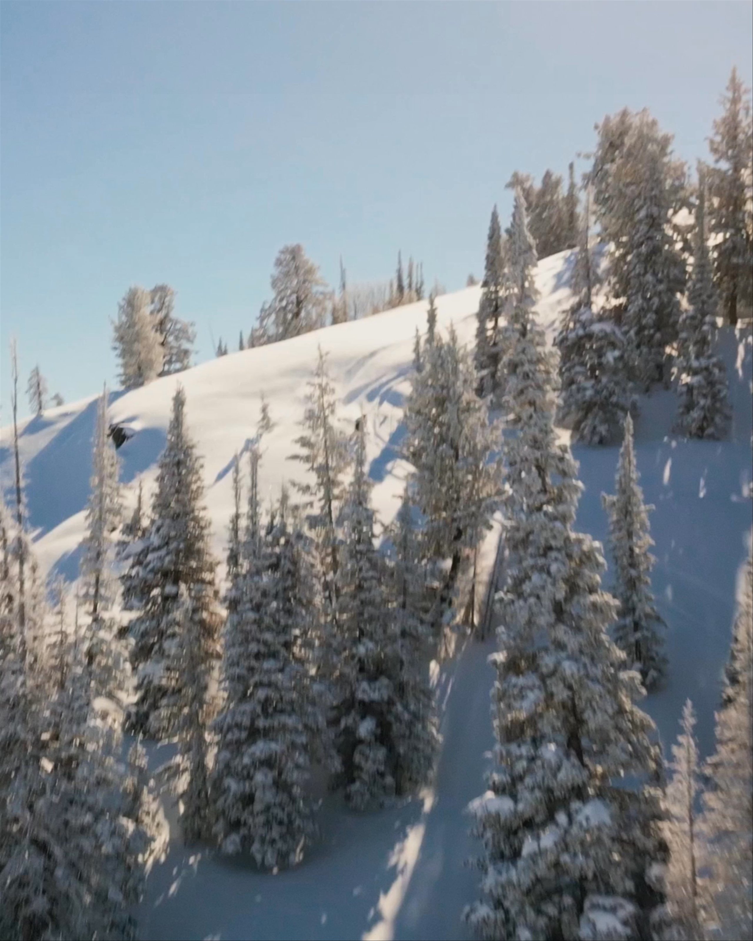 Skier going down run in Powder Mountain, Utah with late in the day shadows on the snow