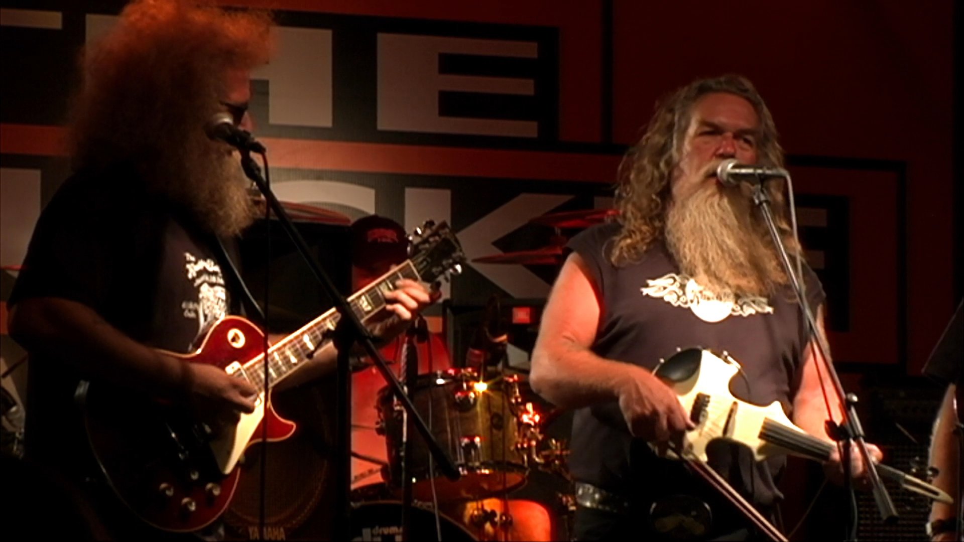 A long-haired, bearded musician sings and plays an electric guitar during a live stage performance. The artist delivers an energetic musical set in a concert setting.