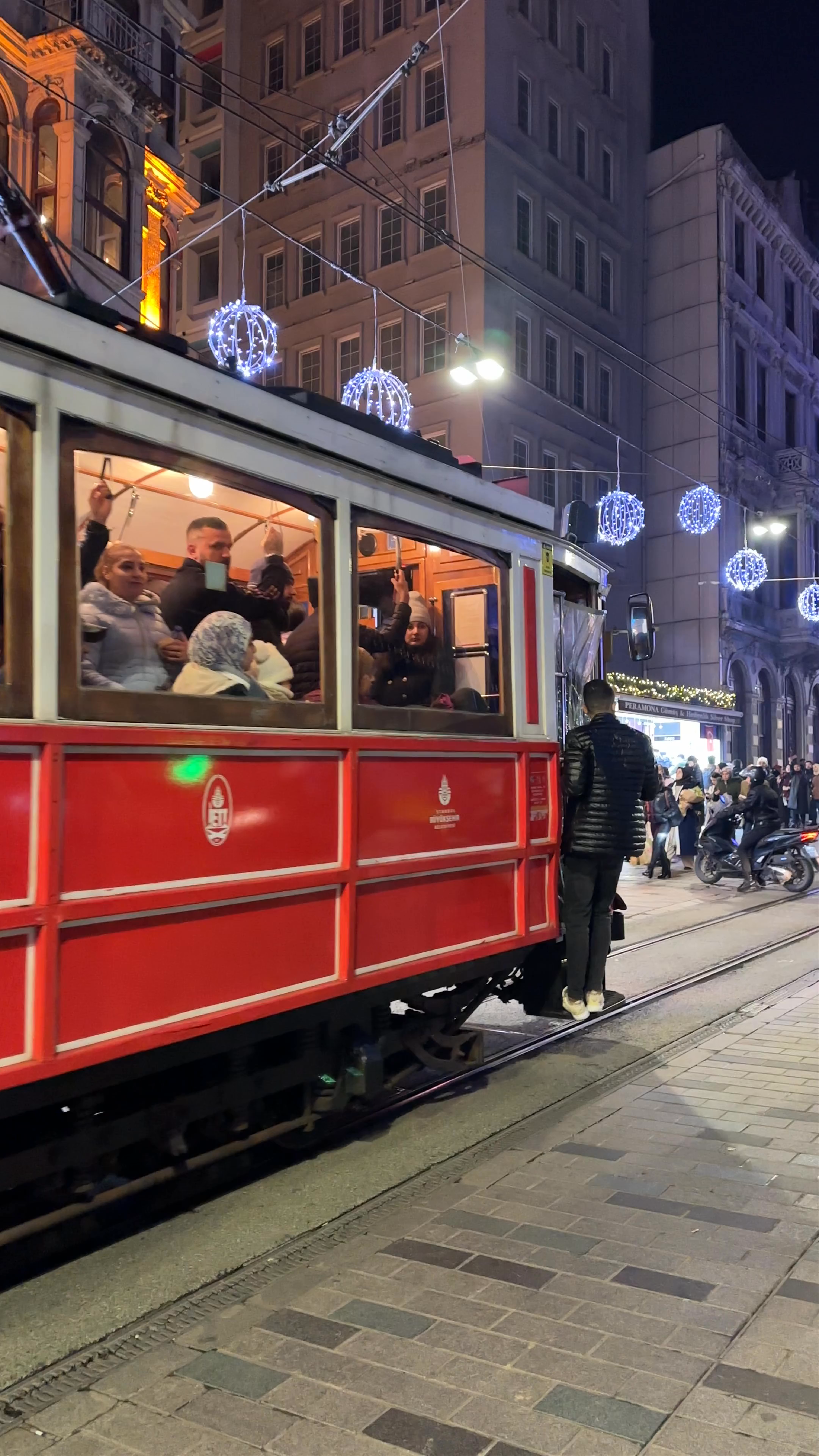 Historic Red Tram Ride on Istiklal Avenue in Istanbul at Night