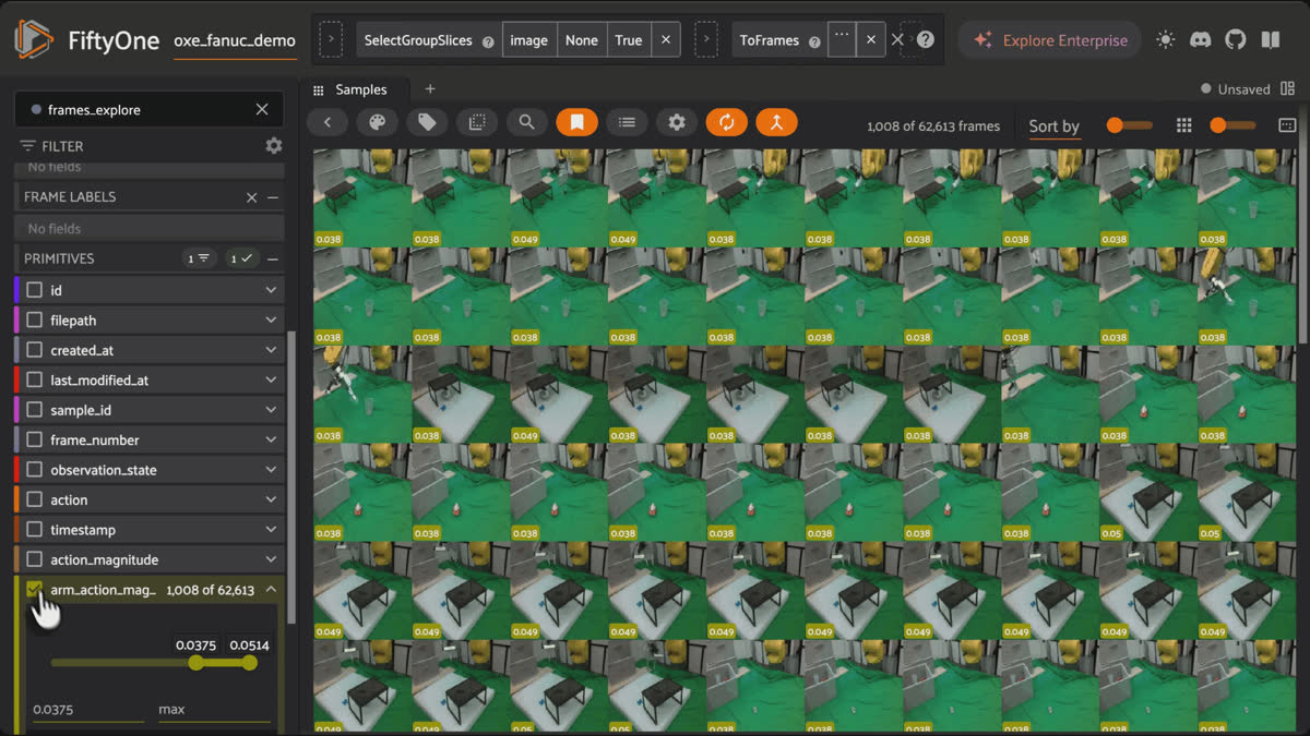 FiftyOne frames view of 62,613 Open X-Embodiment frames, with the sidebar showing per-frame fields including observation_state, action, timestamp, and arm_action_magnitude overlaid on each thumbnail.