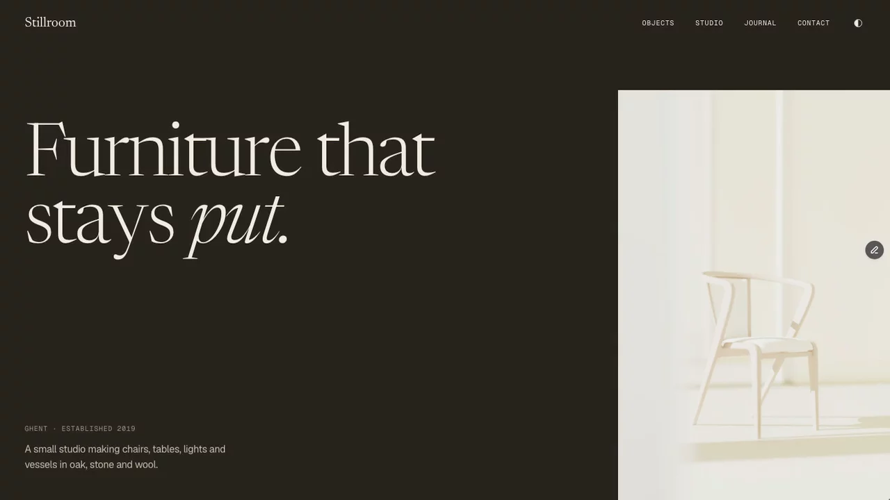 Both themes on Stillroom come from eight colour variables.Each one carries a light and a dark value, so the site follows the visitor's system setting with nothing wired per page. A toggle in the nav overrides it, and the choice is remembered.Dark isn't the palette inverted. The ground goes to a warm brown-black (#17140F) instead of a neutral grey, and the accent lifts from #A6452B to #CC6642 so it still reads as an accent. The photography is untouched in both, which makes the objects read as lit pieces in a dark room.Eight values to restyle either theme.The whole site is a free Framer template → https://hy.chujiqiqi.com/marketplace/templates/stillroom/