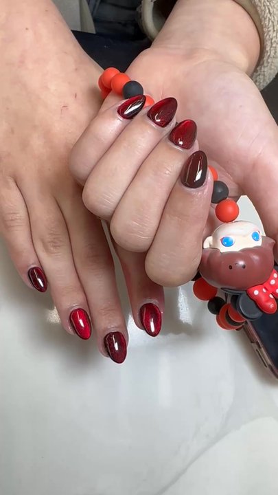 Sunset Nails - Red cats eye builder gel, almond nails - Nail Salons Near Me - San Francisco, California