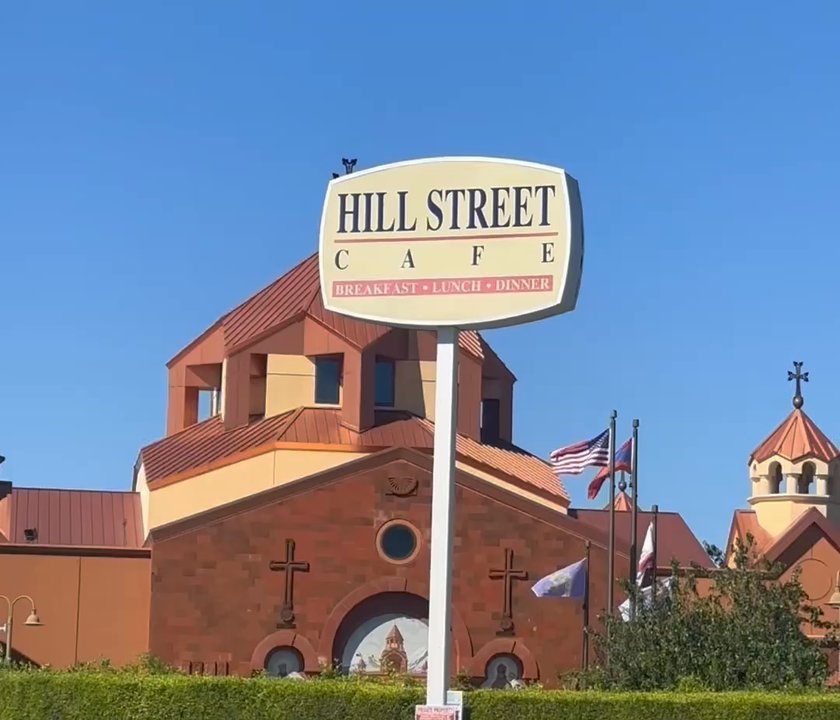 Hill Street Cafe - Signage. The cafe is next to the Cathedral in the background. The cafe must be very blessed! - American Near Me - Burbank, California
