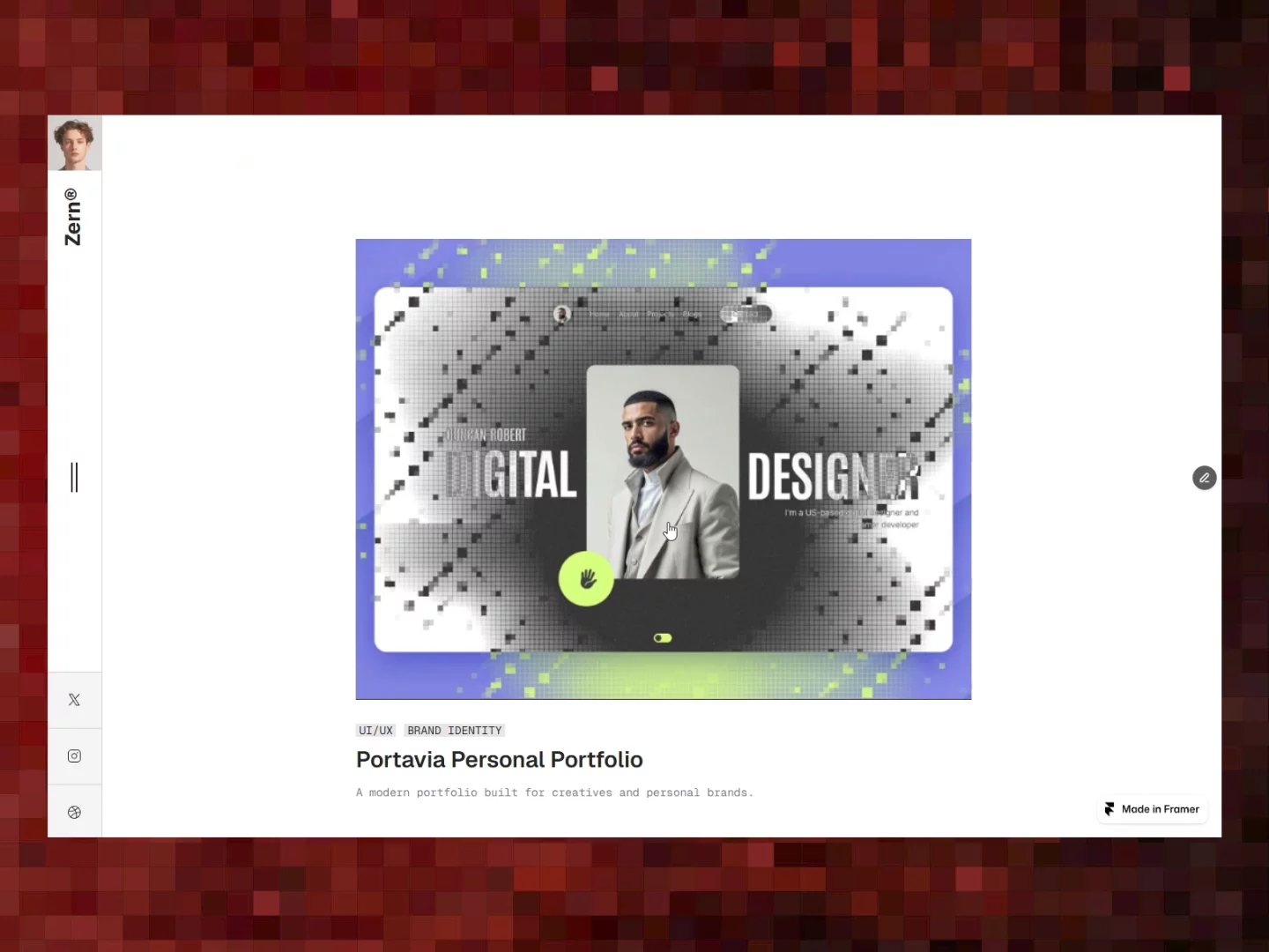 5 reusable pixel components in Zern — Part 3/5I didn’t build Zern as just another portfolio template.I built it as a collection of reusable Framer components.PixelImageHover adds a pixel-inspired hover effect that makes portfolio thumbnails feel more interactive and memorable.Perfect for: • Project galleries • Portfolio cards • Case studies • Featured work✅ Included in the Zern Framer Template ✅ Reusable in unlimited client projectshttps://zern.framer.website/