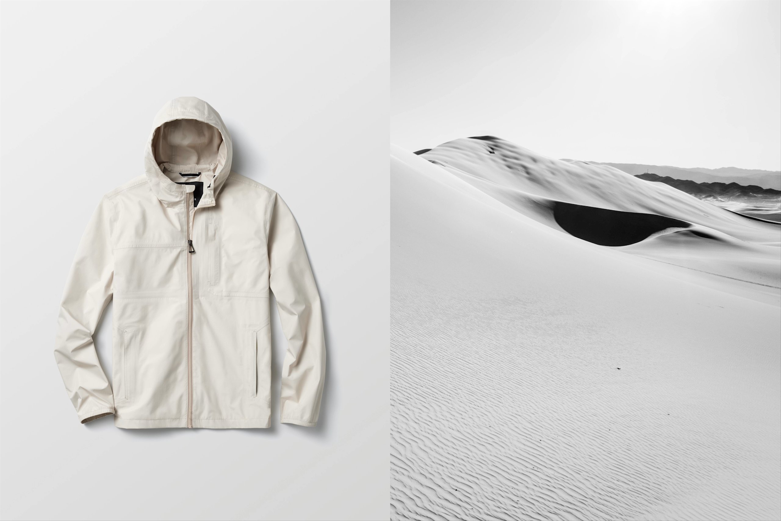 Slideshow of studio laydown of Storm All-Weather Jacket next to scenic photo of dunes and ocean with similar colors