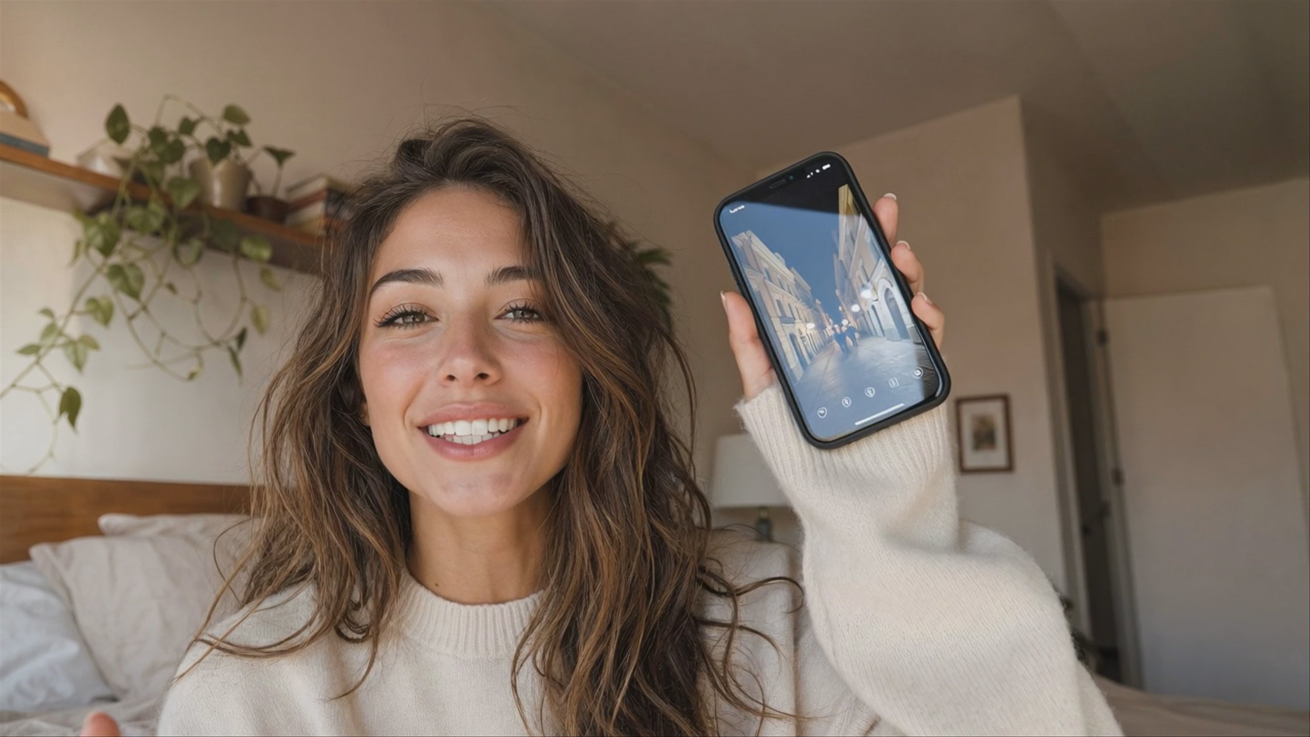 A medium close-up shot of a smiling young woman with long wavy brown hair wearing a cream-colored knit sweater. She is captured in a bedroom setting, looking directly at the camera in a vlog style. This 1280x720 video was generated using Grok Video on Hedra.