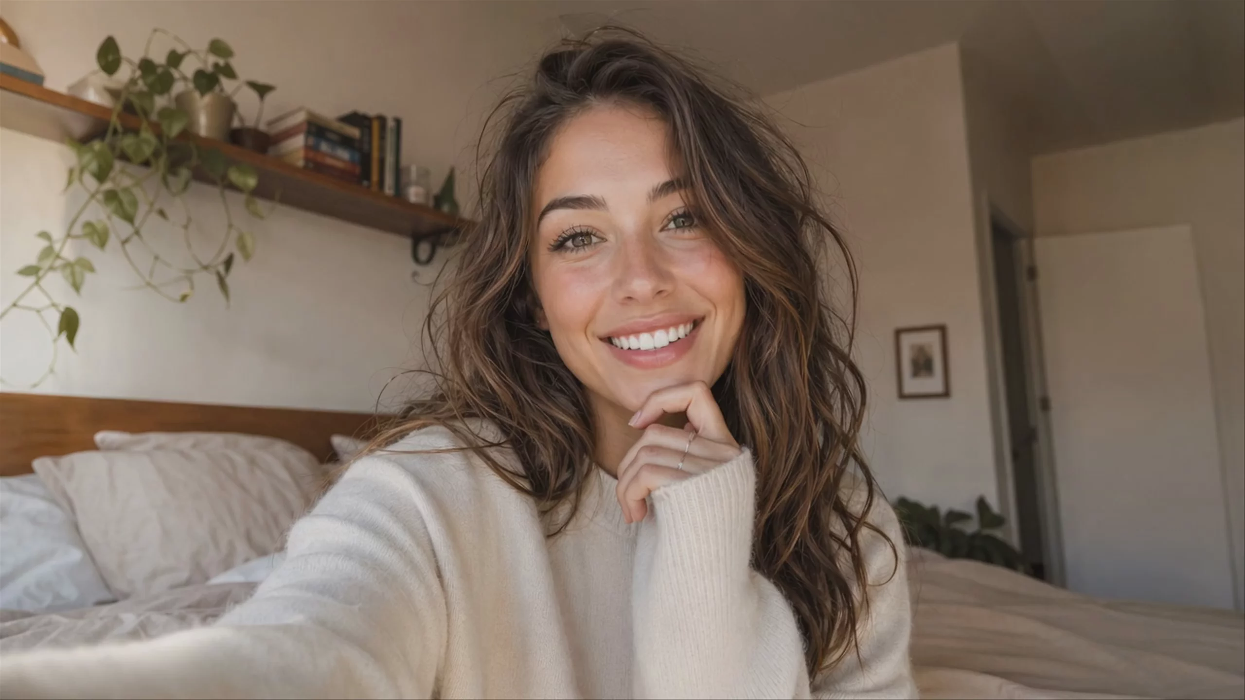A medium close-up shot of a smiling young woman with long wavy brown hair wearing a cream-colored knit sweater. She is captured in a bedroom setting, looking directly at the camera in a vlog style. This 1280x720 video was generated using Grok Video on Hedra.