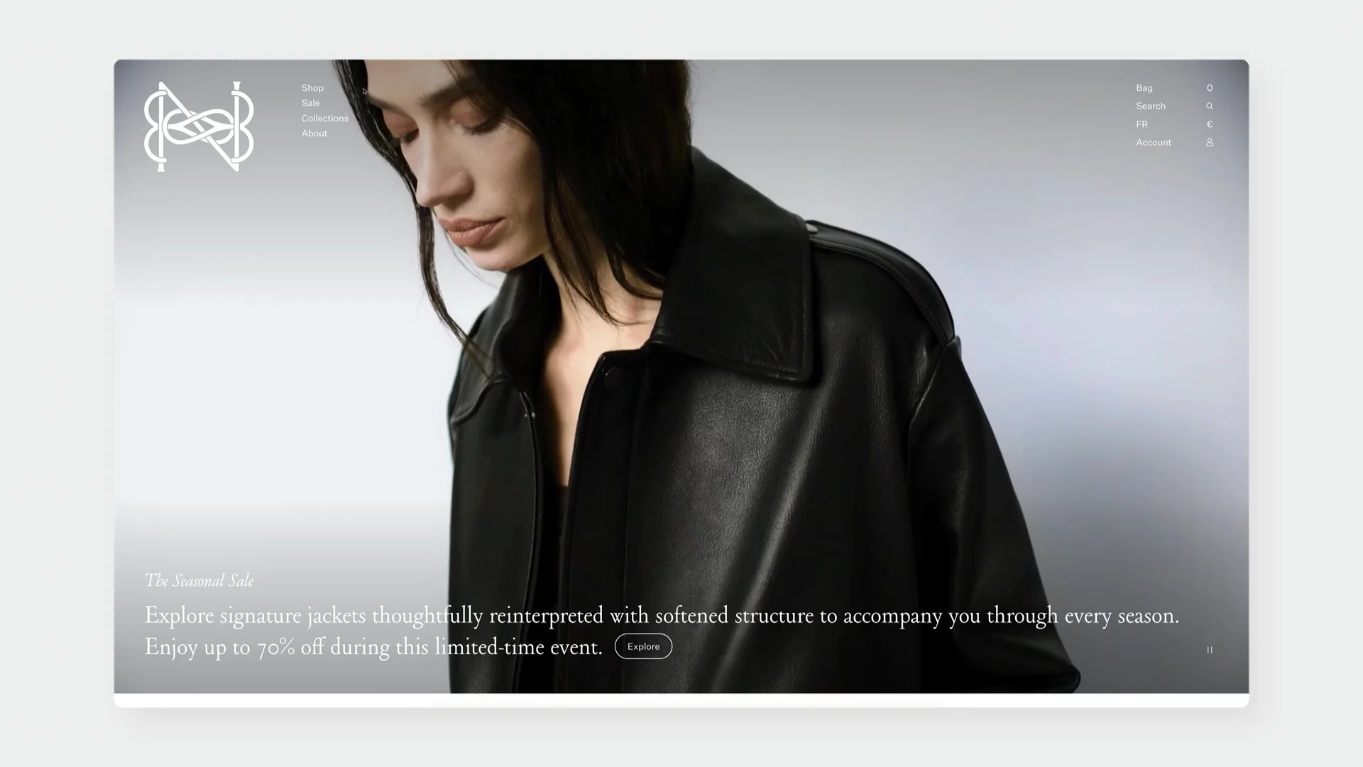 Luxury fashion site menu overlay activated by hover rather than click, covering half the screen. The layout mimics an editorial spread, with brand logo and navigation links on the left, and curated collection titles and categories on the right. A blurred product image remains visible in the background, reinforcing the premium aesthetic and keeping users anchored in the brand’s visual world.