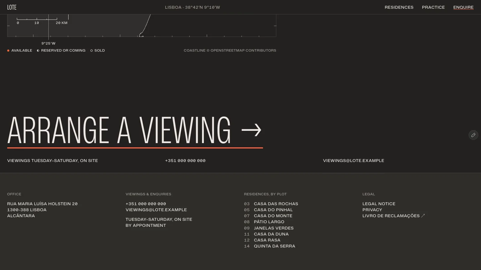A scroll through Lote’s homepage.The house names get almost as much space as the photographs, with small coordinates and availability labels around them. Then the page opens out into the property index and coastal map.My Framer template for residential projects, built around a fictional development near Lisbon.https://excellent-favorites-639729.framer.app/