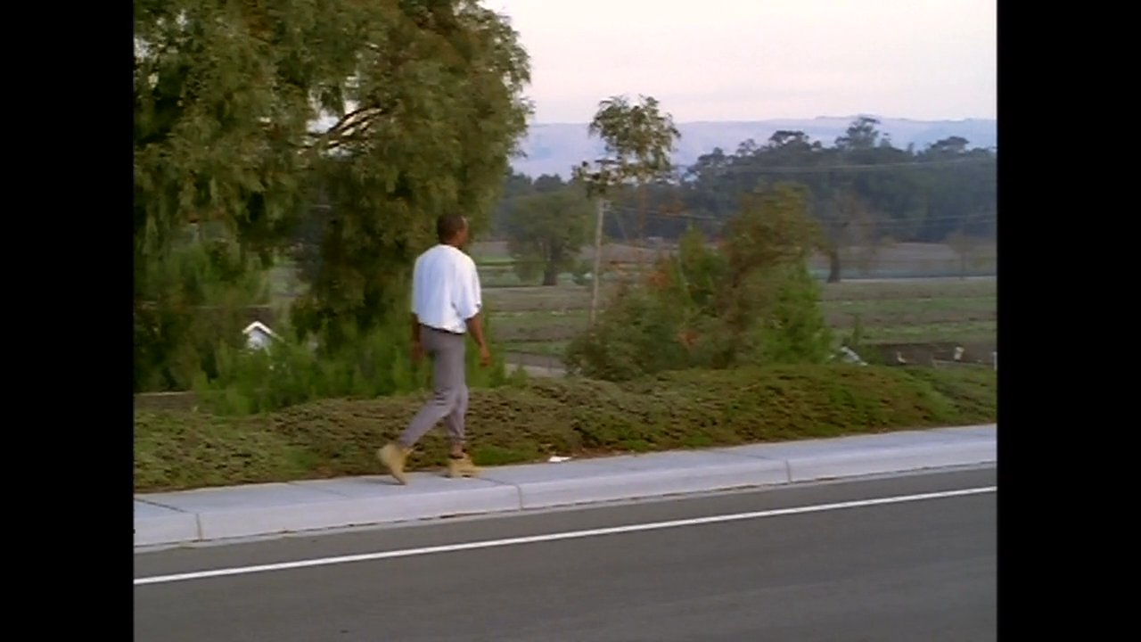 A man walks along a concrete sidewalk adjacent to a residential development and rural landscape. He proceeds steadily through the suburban setting toward a treeline.