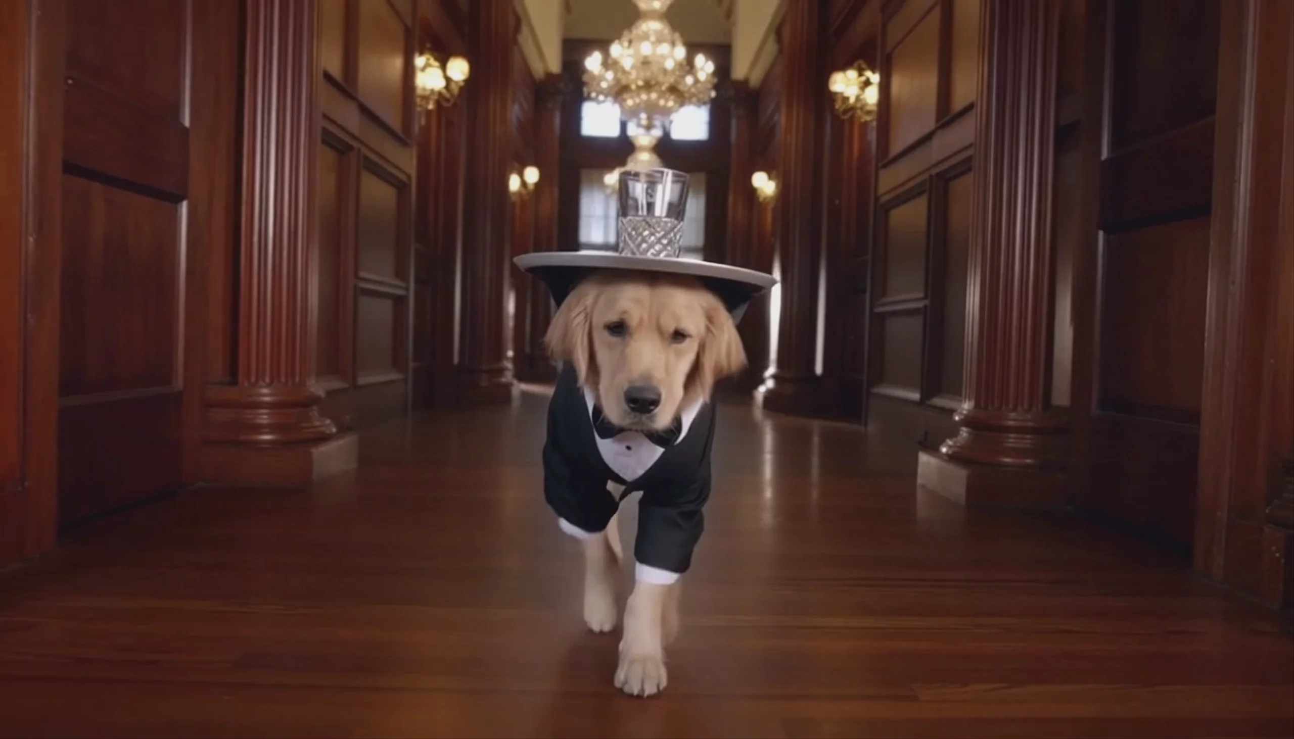A golden retriever walking forward in a grand wood-paneled hallway. The dog wears a black tuxedo with a white shirt and black bow tie. On its head, it balances a wide-brimmed silver hat with a glass on top. Shot at 1792x1024 resolution generated by Sora 2 Pro.