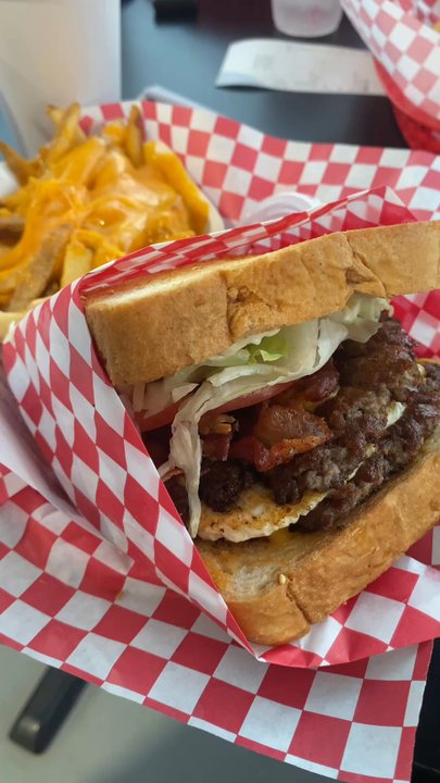 Sky Rocket Burger - Double cheese burger with egg and bacon. Regular Cheese Fries - Burgers Near Me - Dallas, Texas