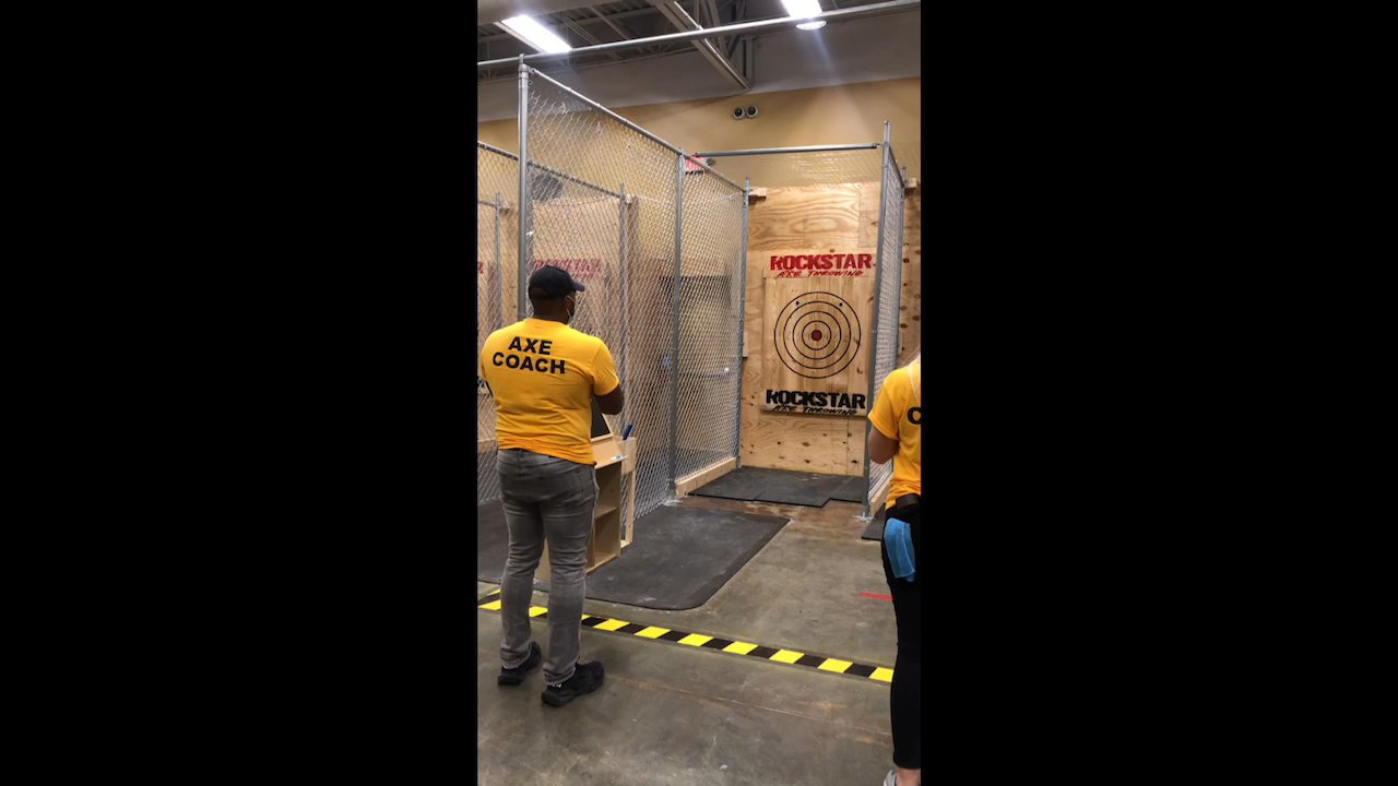 Rockstar Axe Throwing - Rockstar Axe Throwing in Orlando, FL UCF: Coaches line up and throw axes into the target to prepare for International Axe Throwing Day!! - Axe Throwing Near Me - Orlando, Florida