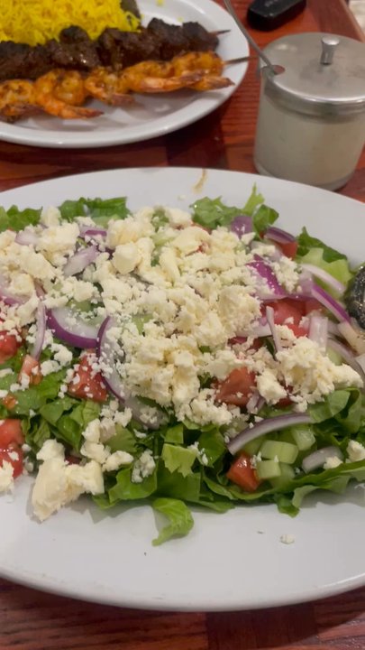 Hummus House - Regular size Greek Salad w/o olives  Steak & Shrimp Kabob plate w/side of hummus - Mediterranean Near Me - Hawthorne, California