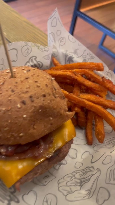 Bareburger - Edgewater - Impossible shrooming burger and cilantro black bean burger with Side Sweet Fries - Burgers Near Me - Edgewater, New Jersey