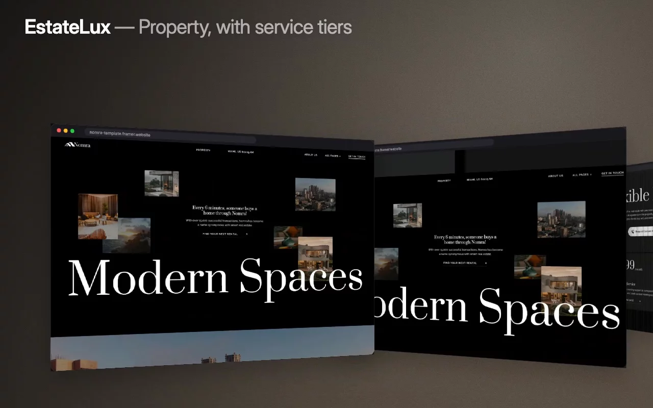 Most estate agents are cagey about what they charge. EstateLux puts flexible plans on the page, three tiers deep, next to the listings themselves.Modern Spaces, Modern Urban Property, House Atlas — the properties get names, and the service behind them gets a price.Live preview → https://nomra-template.framer.website/Start building with EstateLux →#framer #framertemplate #framerexpert #webdesign #nocode #realestate #property #listings #architecture