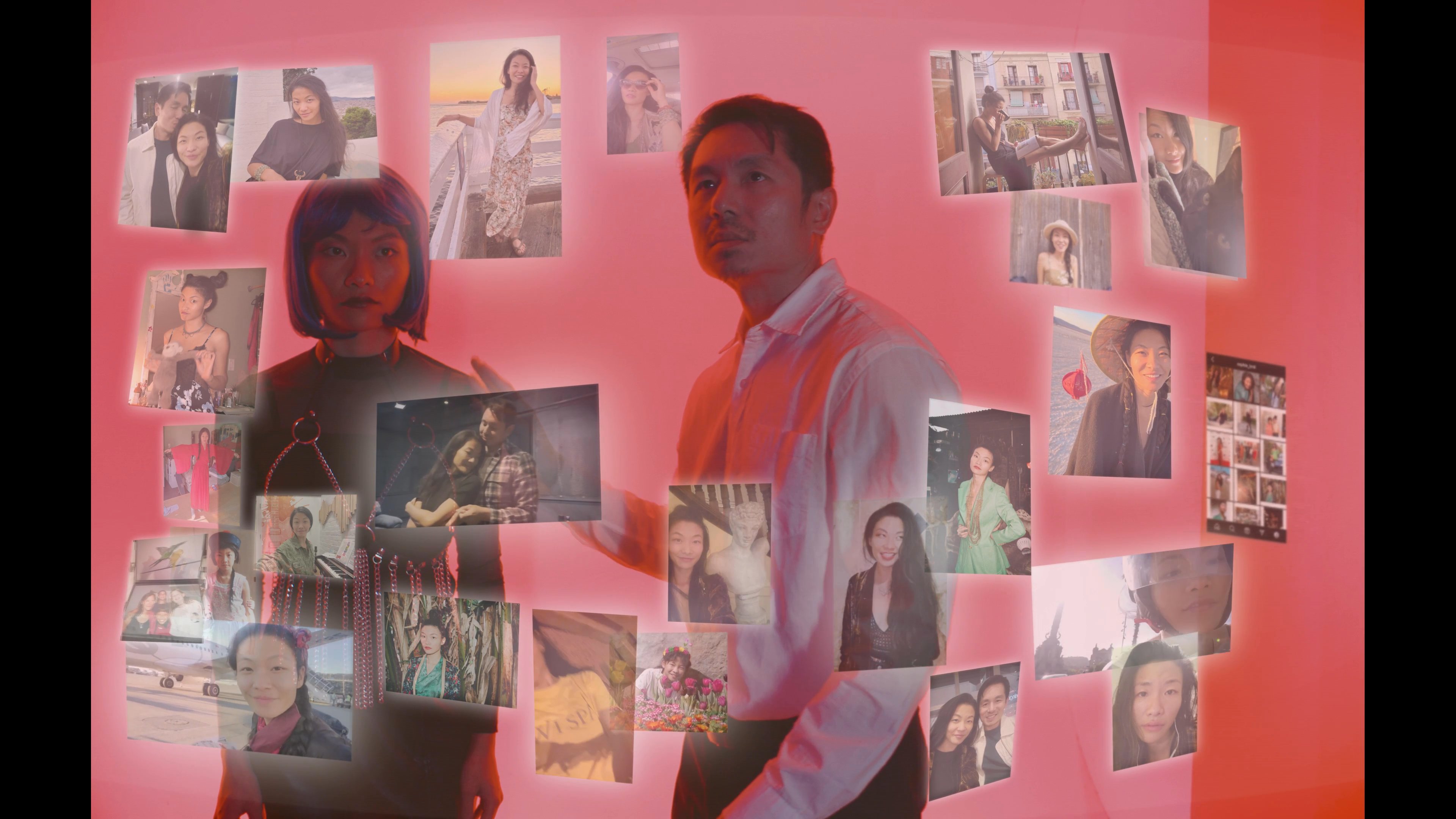 An operator interfaces with an android in a server environment, triggering a complex visualization of personal data and digital memories. The interaction highlights the technical and emotional integration between human and artificial intelligence systems.