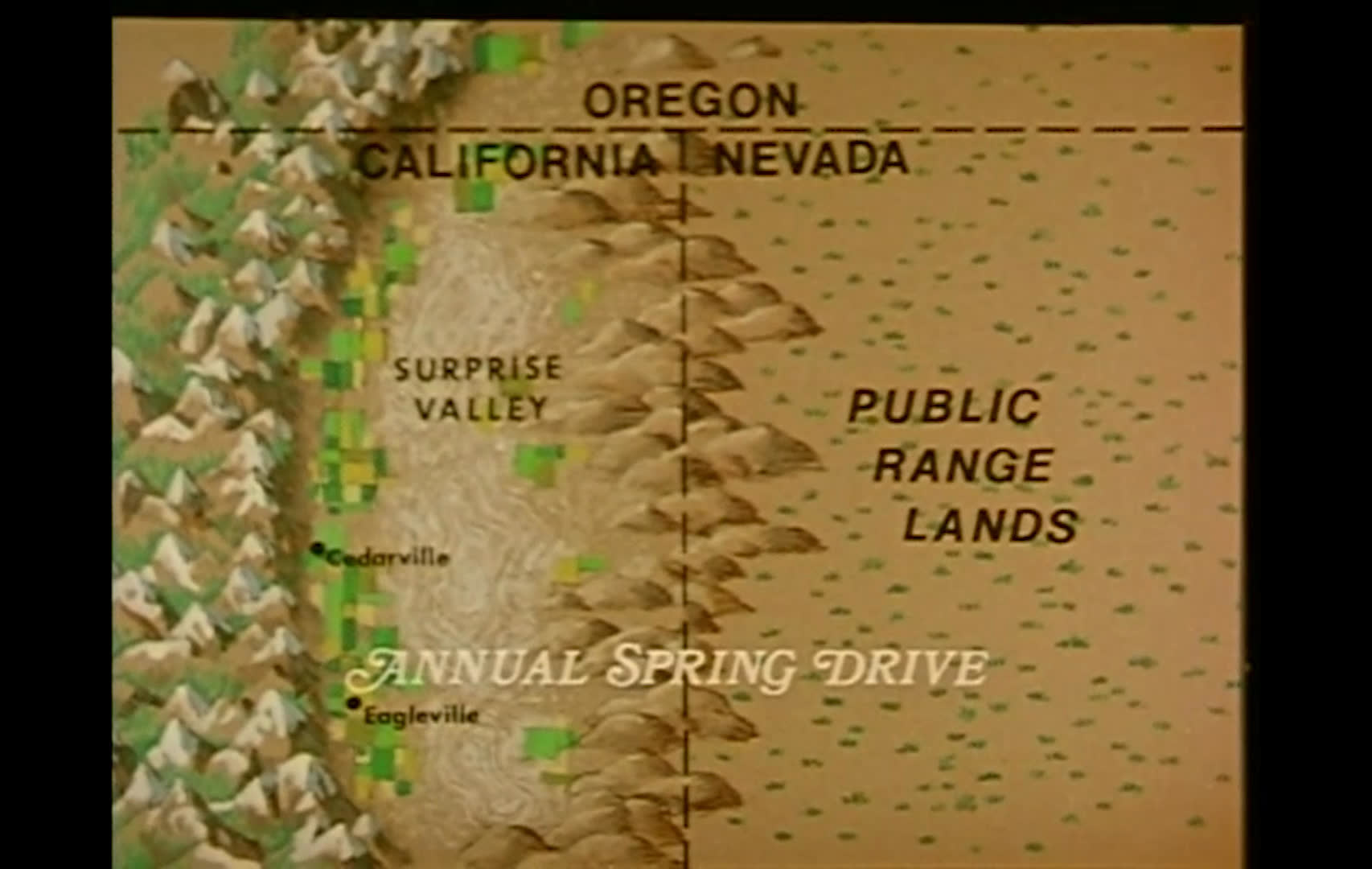 An animated map traces cattle moving from ranches across the desert range toward public grazing lands near Surprise Valley. The narration explains how ranchers use the grasslands for summer grazing when the arid terrain cannot support crops.