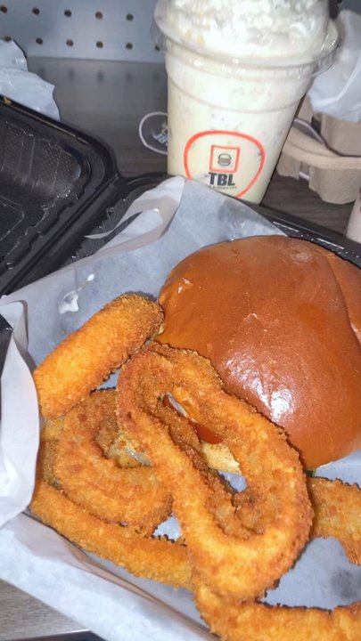 The Burger Life - Veggie potato burger and The Volcano burger with onion rings. - Burgers Near Me - Naperville, Illinois