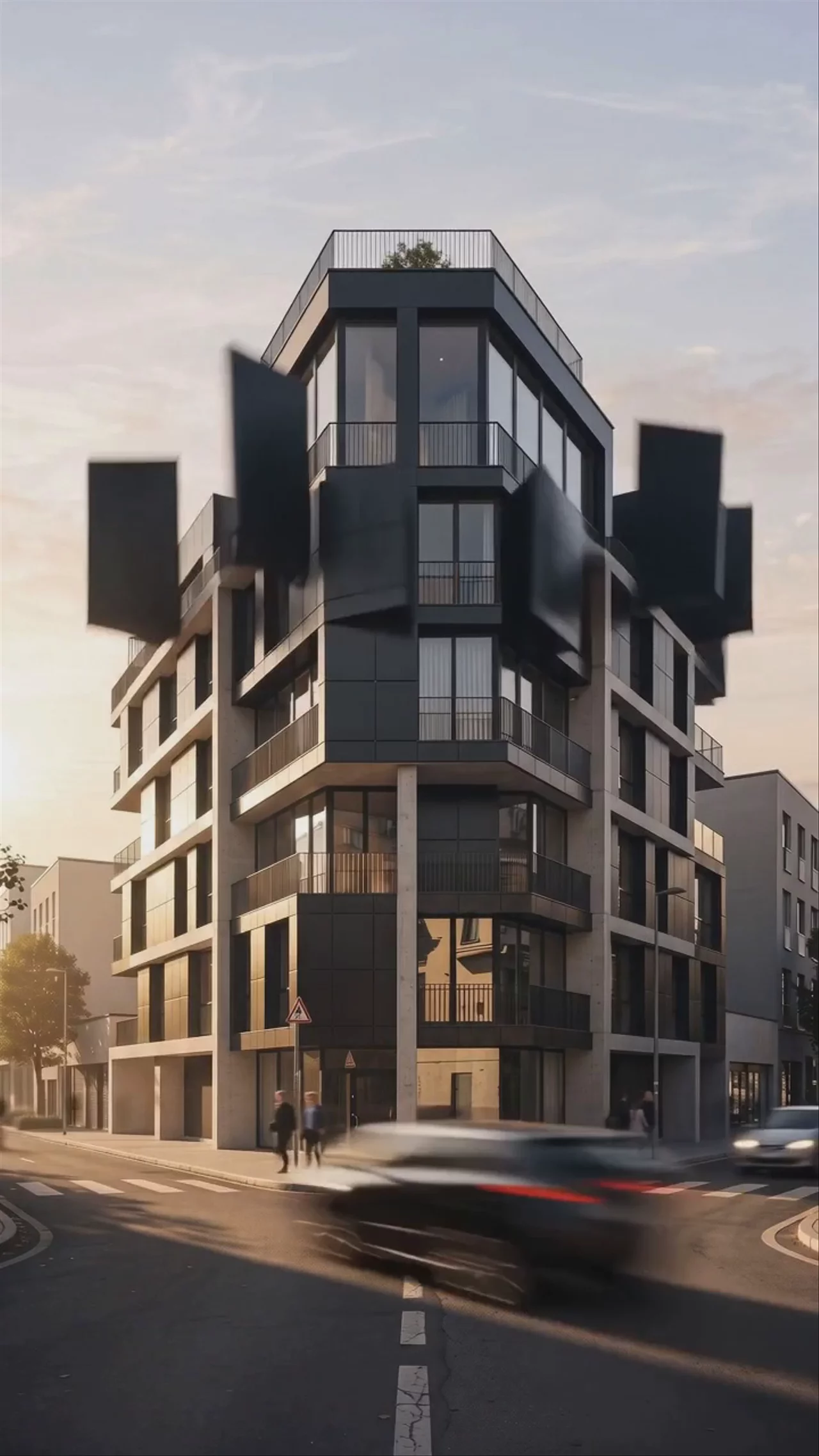 Animation Prompt: "maintain the camera position, replace the timber panels with black steel panels by snapping the steel panels into place, clanking timber sounds and noise of the city in the background, timelapse people moving at ground position motion blur. No music."
