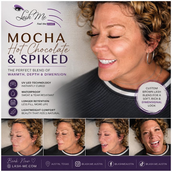 Lash-Me - Custom brown UV LED lashes featuring Mocha, Hot Chocolate, and Spiked for a soft, dimensional look. - Eyelash Service Near Me - Austin, Texas