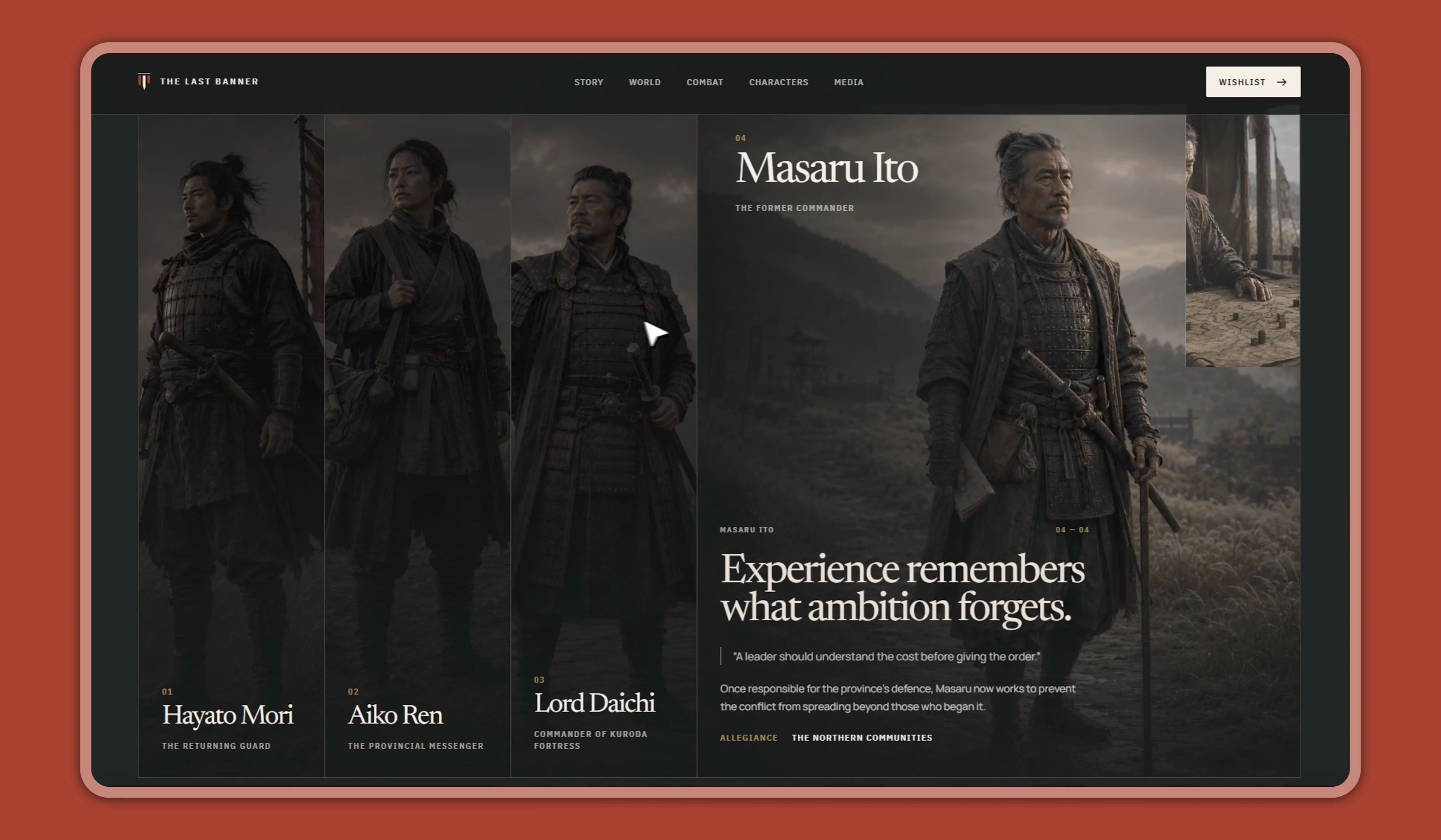 The Last Banner: "Characters" sectionJapanese cinematic gaming site concept